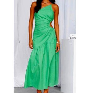 Hello Molly Green Linen One-Shoulder Midi Cutout Dress